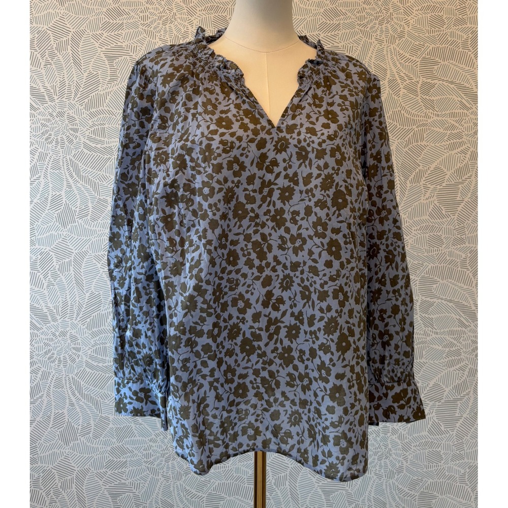 Talbots Plus Petite Olive Periwinkle Vintage Style Fall Floral Cotton Blouse 2Xp